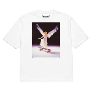 White Graphic T-Shirt with Angel Skateboard Design